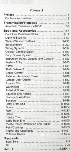 1999 Cadillac Deville, Eldorado Service Manual Volume 2 Table of Contents