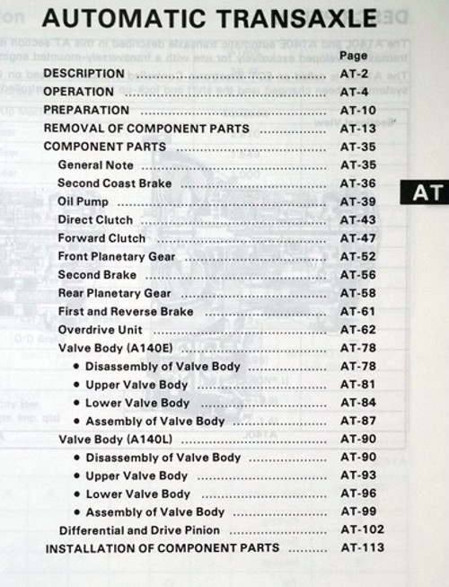 Toyota A140L, A140E Automatic Transmission Repair Manual Table of Contents