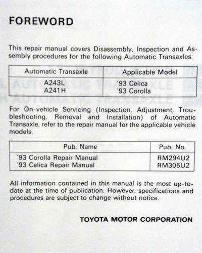 1993 Lexus A540E Automatic Transaxle Repair Manual Applications\n