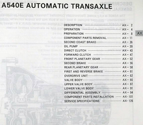 1993 Lexus A540E Automatic Transaxle Repair Manual Table of Contents