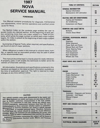 1987 Chevrolet Nova Shop Manual Table of Contents