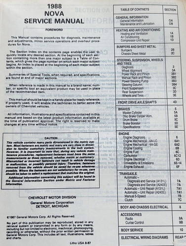 1988 Chevrolet Nova Shop Manual Table of Contents