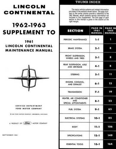 1962 1963 Lincoln Continental Maintenance Manual Table of Contents