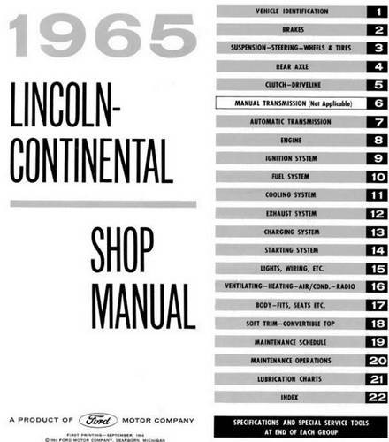 1965 Lincoln Continental Maintenance Manual Table of Contents