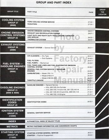 1980 Ford Light Truck Shop Manual Table of Contents 1