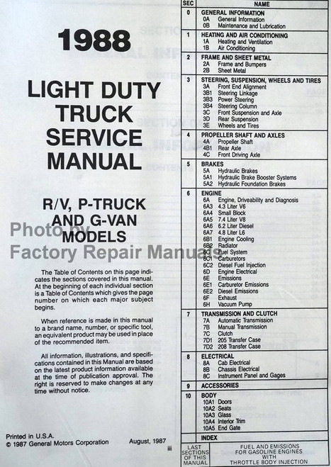 1989 Chevy R/V, G, P Truck Service Manual Table of Contents
