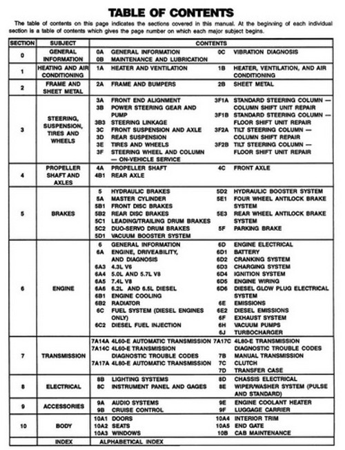 1993 Chevrolet C/K Models Service Manual Table of Contents