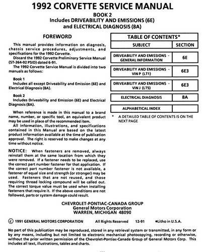 1992 Corvette Service Manual Table of Contents 2