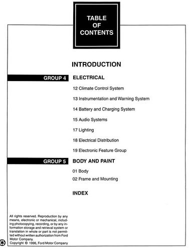 1997 Ford F150 Service Manuals Table of Contents Volume 1