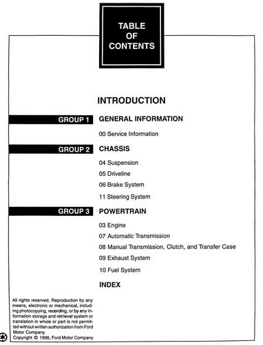 1997 Ford F150 Service Manuals Table of Contents Volume 2