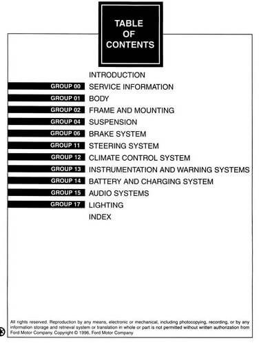 1997 Ford F250HD F350 F-Super Duty Service Manual Table of Contents 1