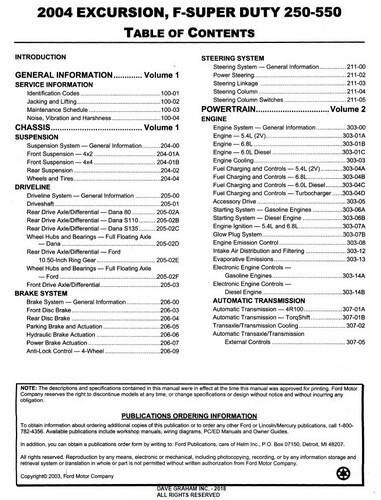 2004 Ford F250, F350, F450, F550 Excursion Workshop Manual Table of Contents 1