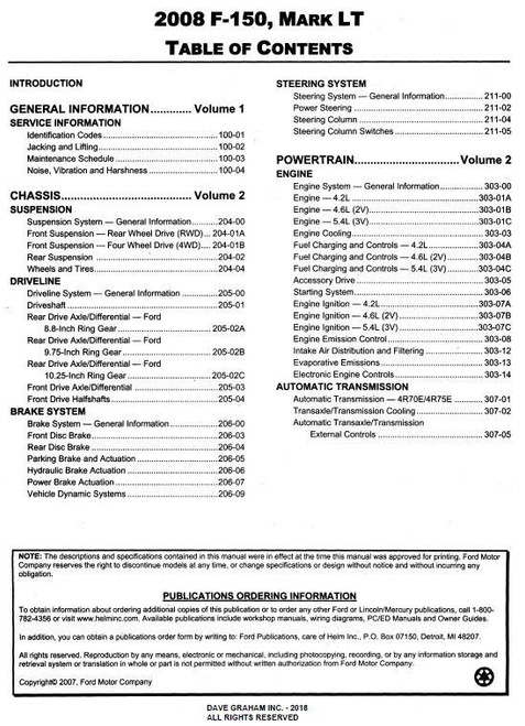 2008 Ford F-150, Mark Lincoln LT Workshop Manual Table of Contents 1