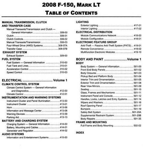 2008 Ford F-150, Mark Lincoln LT Workshop Manual Table of Contents 2