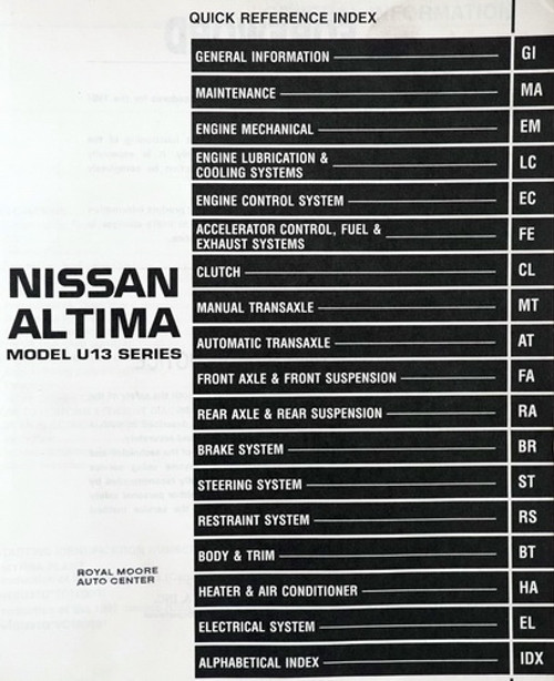 1997 Nissan Altima Service Manual Table of Contents