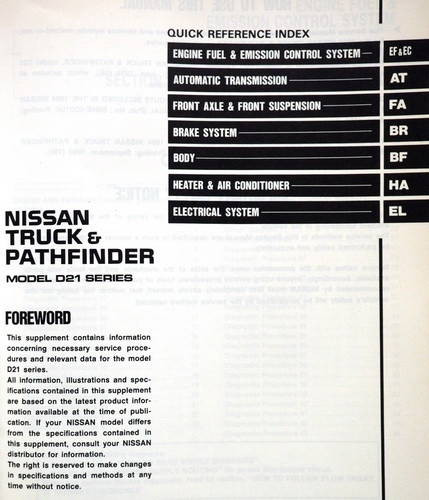 1994 Nissan Truck & Pathfinder Service Manual Supplement Table of Contents