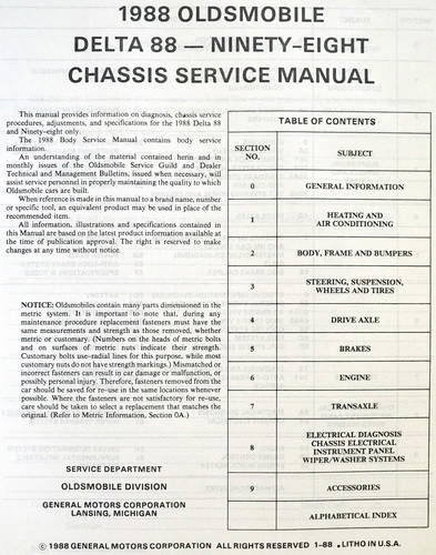 1988 Olds Delta 88 Royale / Nighty-Eight Regency Service Manual Table of Contents