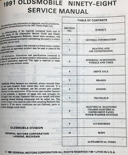 1991 Olds Ninety-Eight Regency Service Manual Table of Contents