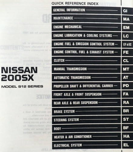 1987 Nissan 200SX Service Manual Table of Contents