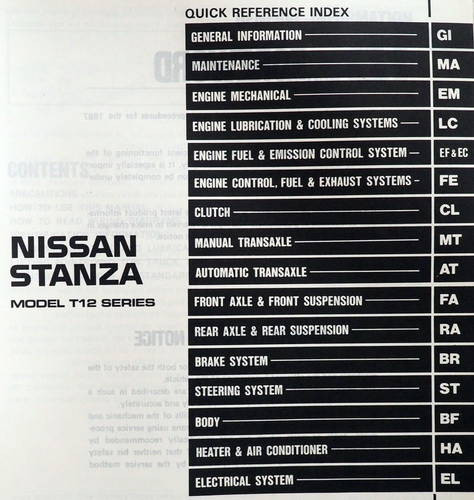 1987 Nissan Stanza Service Manual Table of Contents
