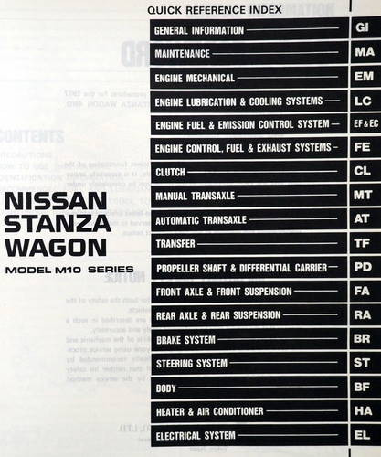 1987 Nissan Stanza Wagon Service Manual Table of Contents
