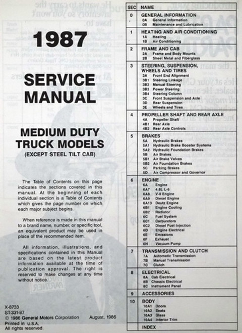 1987 GMC Medium Duty Truck Bus Service Manual Table of Contents