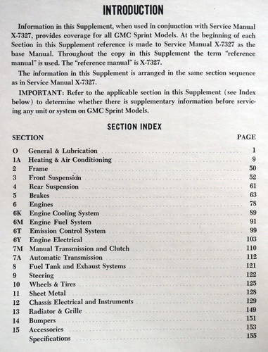 1974 GMC Sprint Service Manual Table of Contents