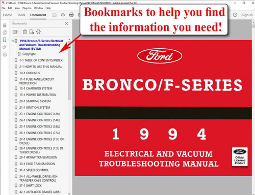 1994 Ford F150 F250 F350 Truck Bronco Electrical & Vacuum Troubleshooting Manual