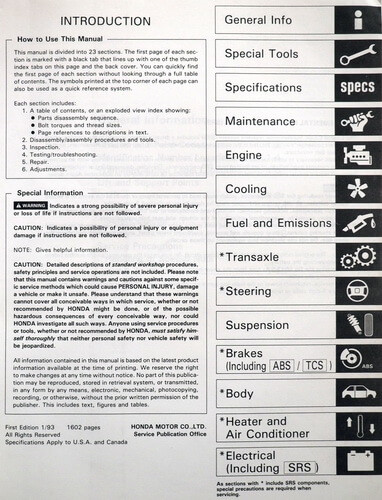 1993 Acura Legend Coupe Service Manual Table of Contents