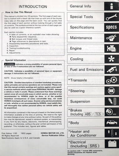 1993 Acura Legend Coupe Service Manual Table of Contents