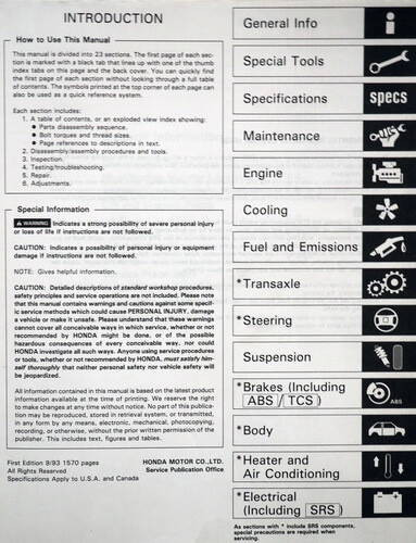 1994 Acura Legend Sedan Service Manual Table of Contents