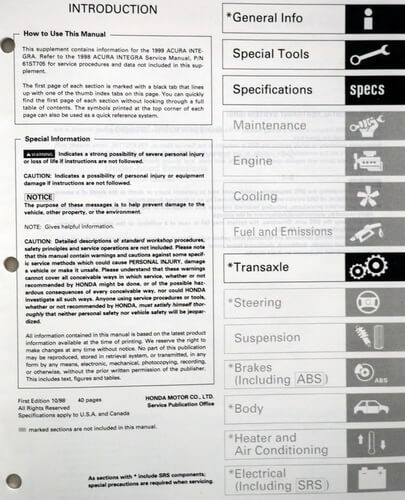 1999 Acura Integra Service Manual Table of Contents