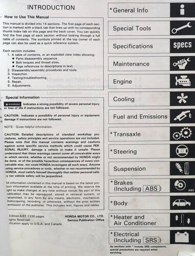 1992 Acura Vigor Service Manual Table of Contents