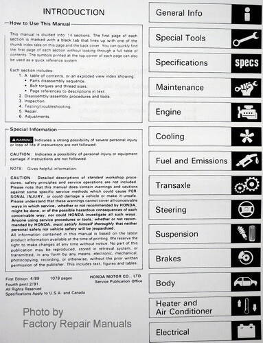 1990 Acura Integra Service Manual Table of Contents