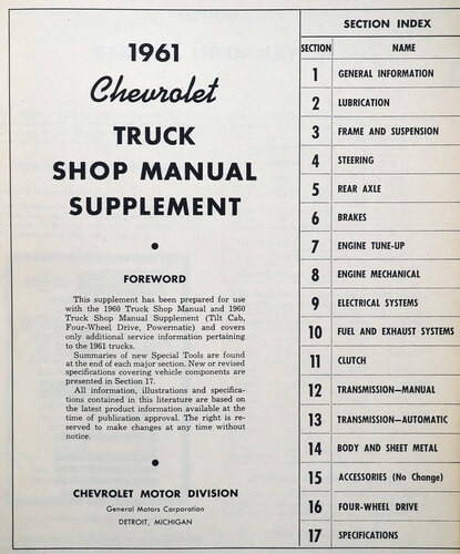 1961 Chevrolet Truck Shop Manual Supplement