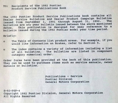 1992 Pontiac Dealer Service Bulletins