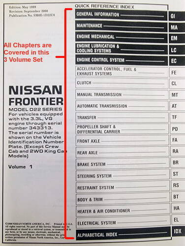 2000 Nissan Frontier 3.3L V6 Service Manual Volume 1, 2, 3