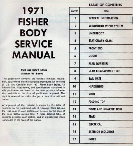 1971 GM Fisher Body Service Manual Table of Contents