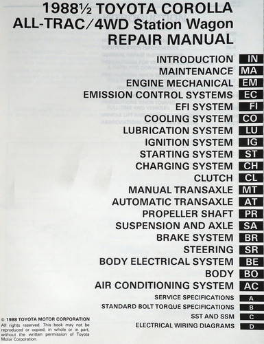 1988 1/2 1989 Toyota Corolla All-Trac (4WD) Repair Manual 