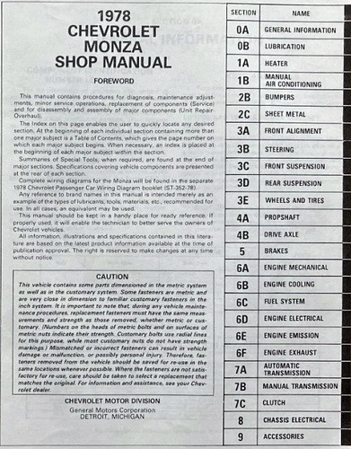 1978 Chevrolet Monza Shop Manual Table of Contents
