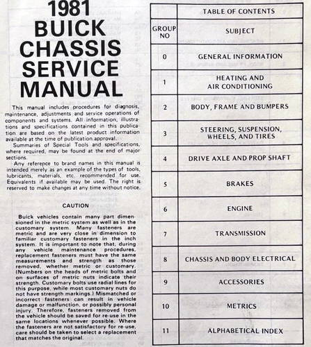 1981 Buick Chassis Service Manual Table of Contents