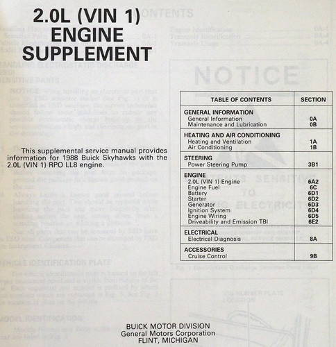 1988 Buick Skyhawk 2.0L (VIN 1) Service Manual Supplement 