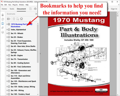 1970 Ford Mustang Part and Body Illustrations Catalog on USB
