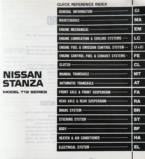 1988 Nissan Stanza Service Manual Table of Contents