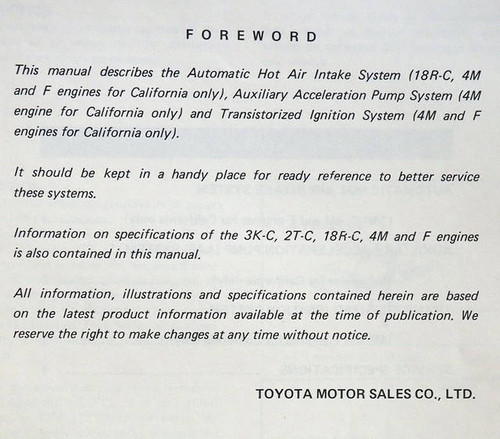 1974 Toyota Engine Shop Repair Manual Supplement for California