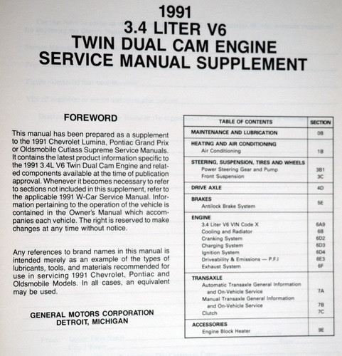 1991 GM 3.4L V6 Dual Cam Engine Service Manual Supplement 