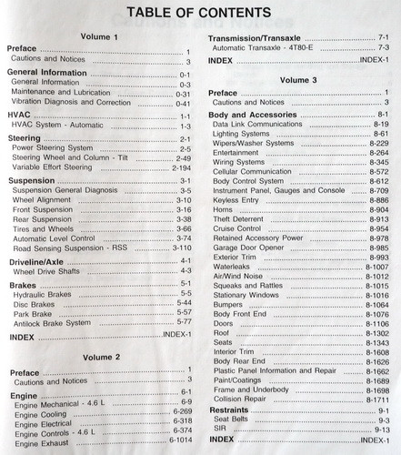 1999 Cadillac Seville Factory Service Manuals Table of Contents