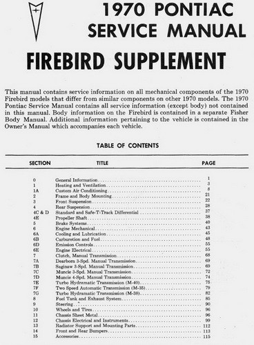 1970 Pontiac Firebird Service Manual Supplement