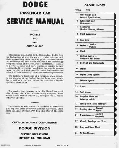 1963 Dodge Custom Eight Eighty Passenger Car Service Manual