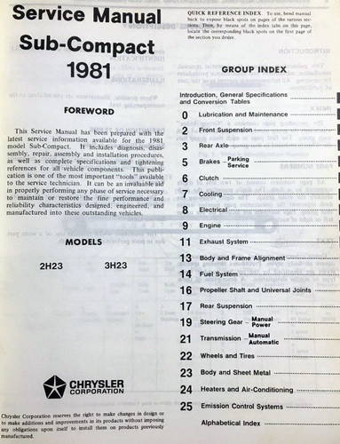 1981 Dodge Challenger Plymouth Sapporo Service Manual